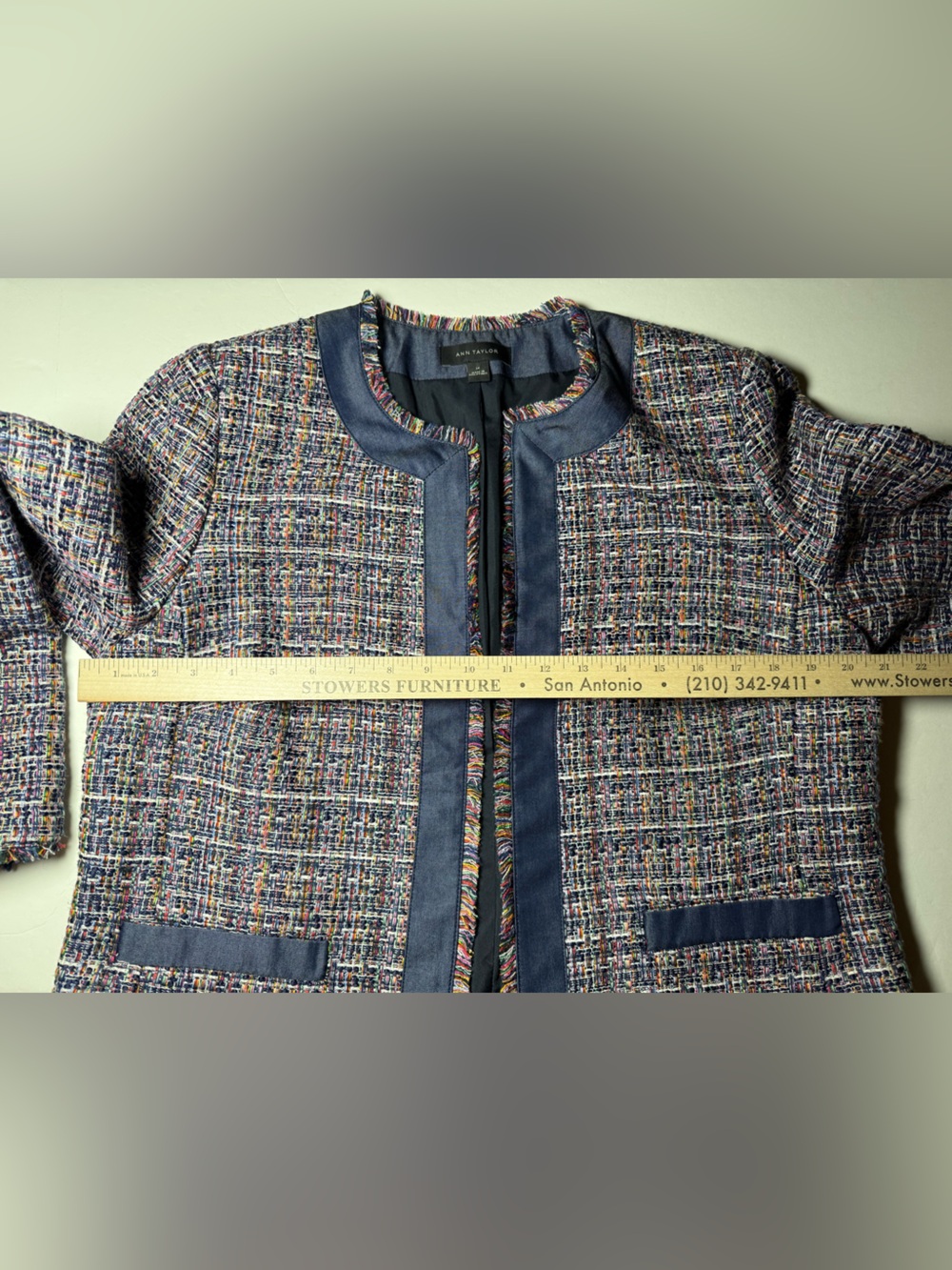 Ann Taylor Multicolor Tweed Fringe Jacket Blazer Navy Trim Size 14 - Picture 8 of 10